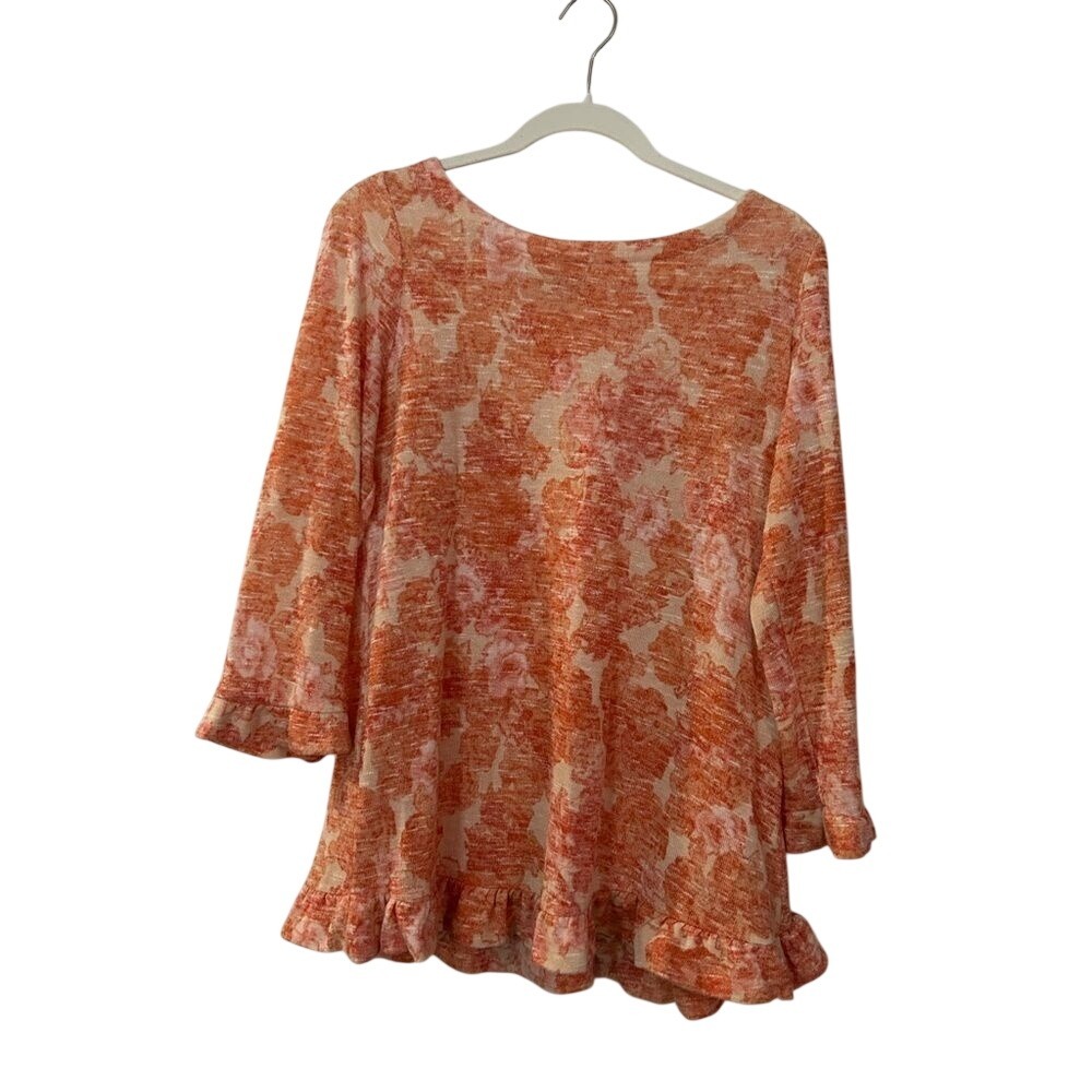Rose Olive Womens L Floral Knit Sweater 3/4 Sleeve Ruffle Hem Pullover Top L‎
